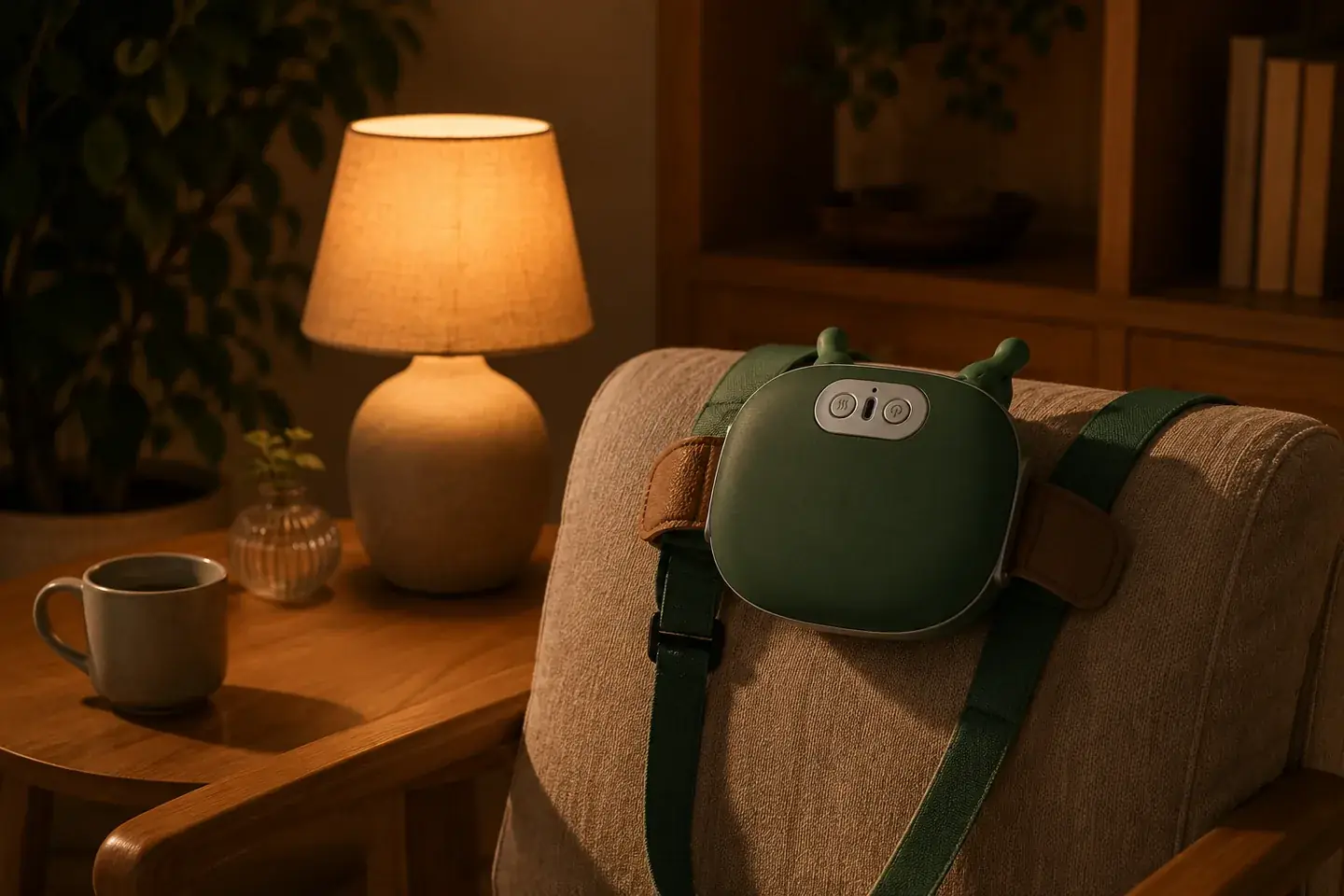 Het apparaat over een fauteuil in een hoek van de woonkamer 's avonds, een brandende lamp en een mok op het bijzettafeltje