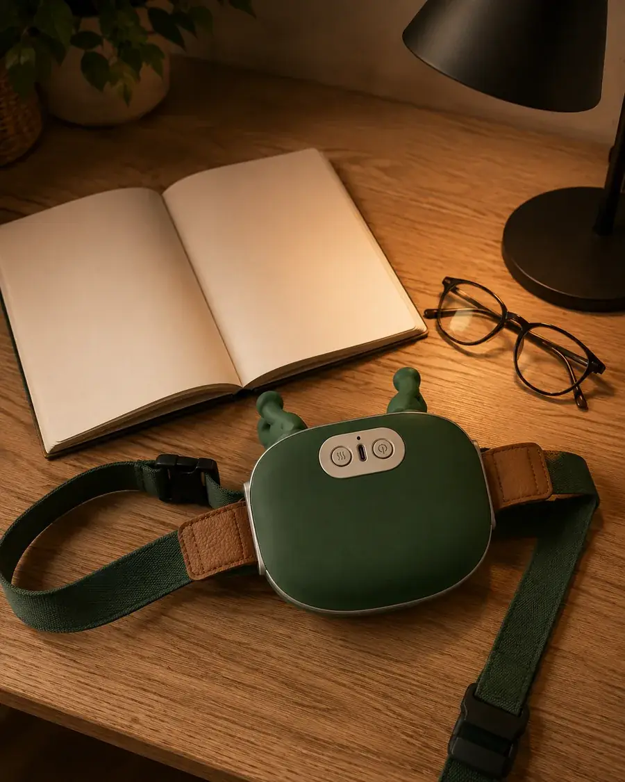 Het apparaat op een bureau in de avond, naast een opengeslagen boekje, een bril en een lamp