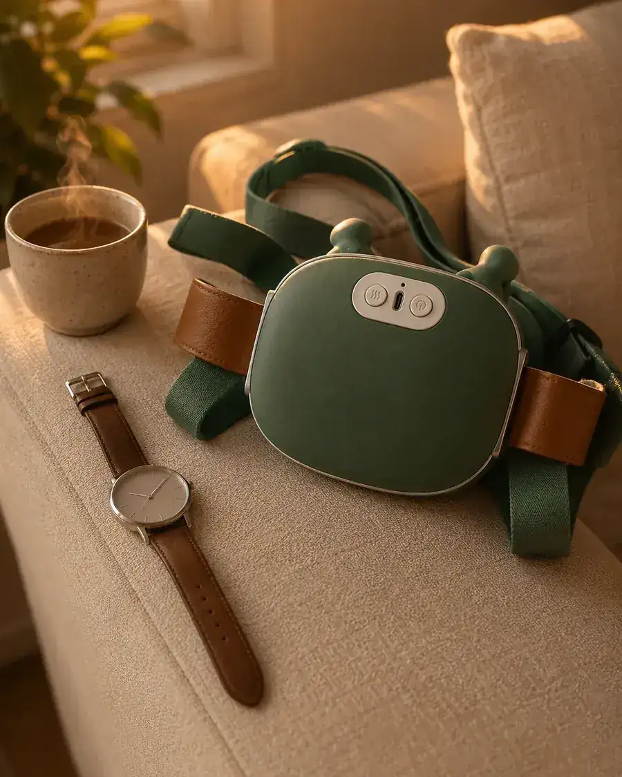 Het apparaat op de leuning van een bank, naast een dampende kop en een horloge, aan het eind van de dag