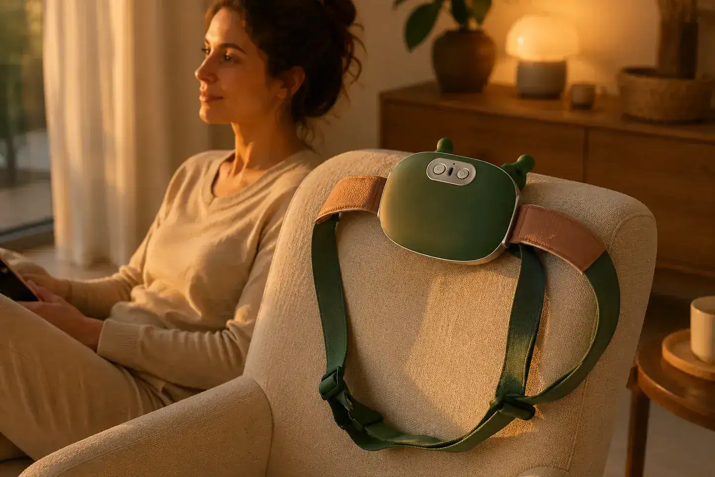 Het apparaat over de rugleuning van een fauteuil, met iemand die ernaast zit te lezen