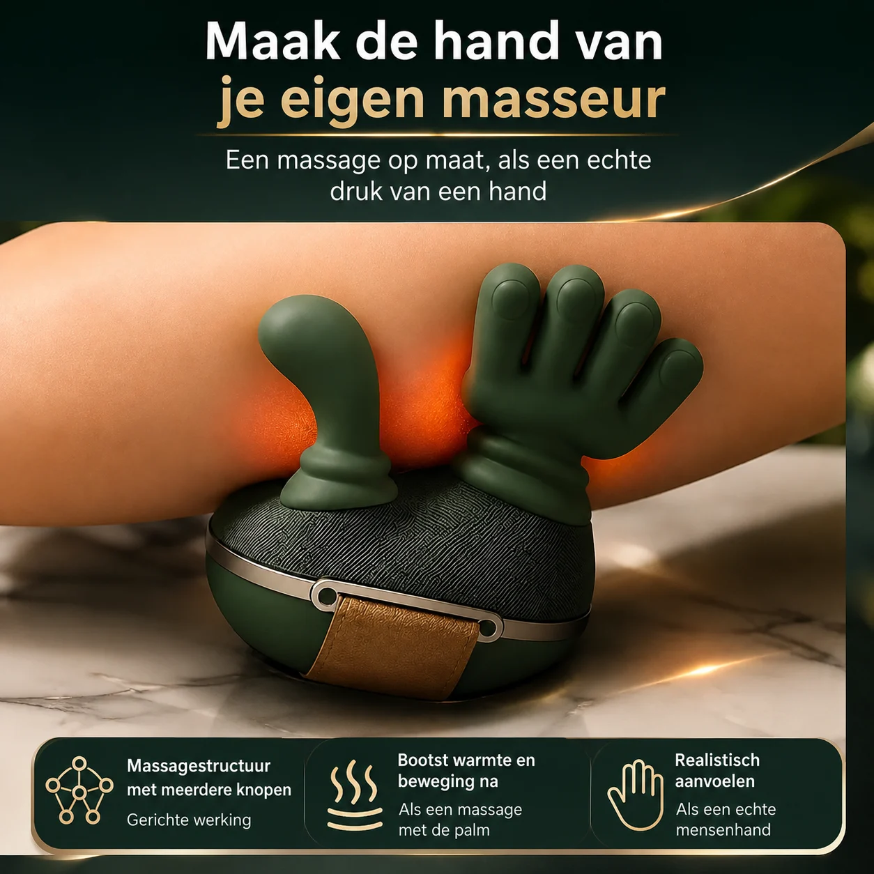 De twee koppen van dichtbij op een onderarm: de duimvormige kop links en de kop met vijf siliconen vingers rechts
