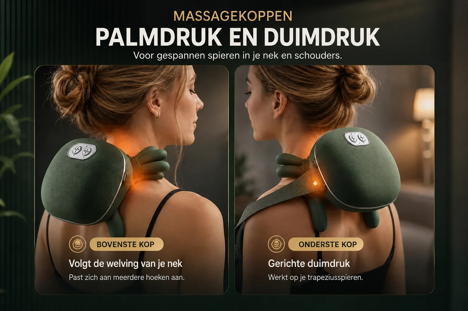 De twee massagekoppen: de bovenste volgt de welving van je nek, de onderste geeft gerichte duimdruk op je trapezius