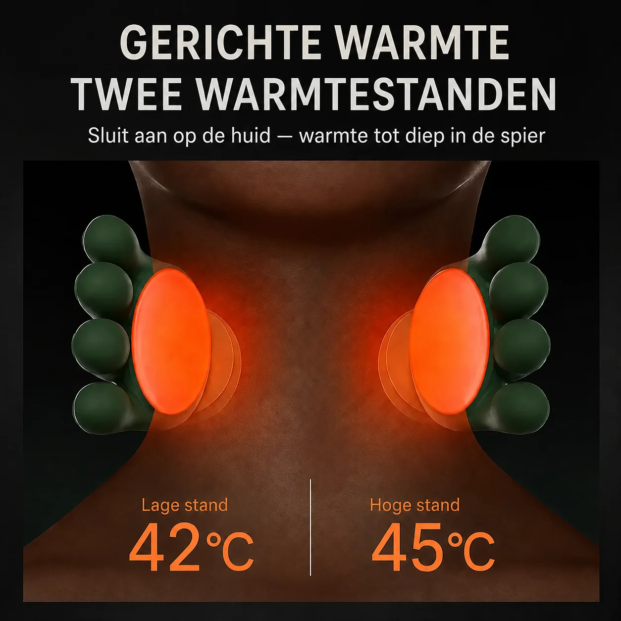 De twee warmtestanden op de nek: lage stand 42 °C en hoge stand 45 °C